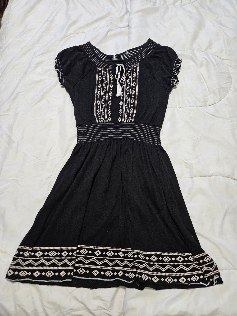 Black Short Sleeve Sundress with Tassel Tie Small
